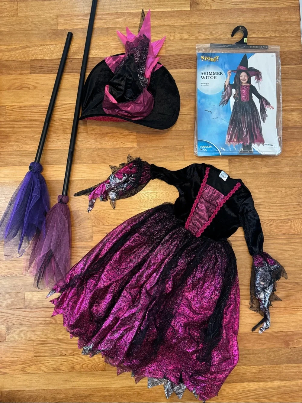 Girls' Pink and Black Witch Costume Dress with Hat and Brooms